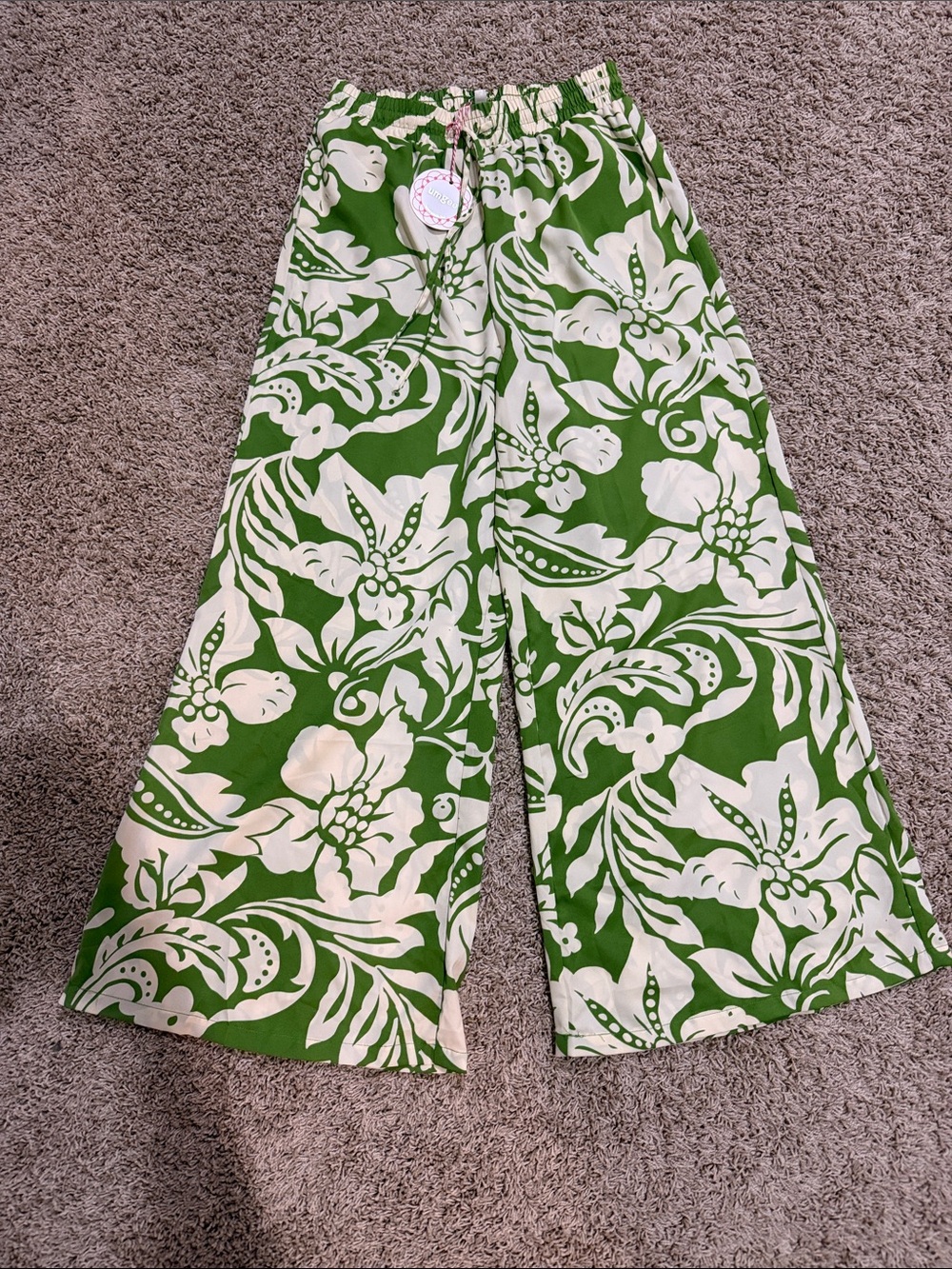 Umgee Green & Cream Floral Elastic Waist Pants